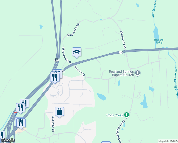 map of restaurants, bars, coffee shops, grocery stores, and more near 29 Dean Road Southeast in Cartersville