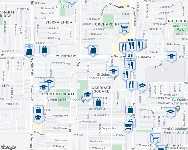 map of restaurants, bars, coffee shops, grocery stores, and more near 620 Janetwood Drive in Oxnard