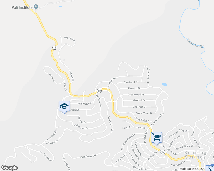 map of restaurants, bars, coffee shops, grocery stores, and more near 31208 Old Highway 18 North in Running Springs