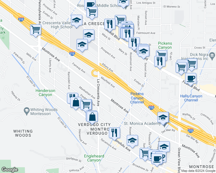 map of restaurants, bars, coffee shops, grocery stores, and more near 2728 Mayfield Avenue in La Crescenta-Montrose