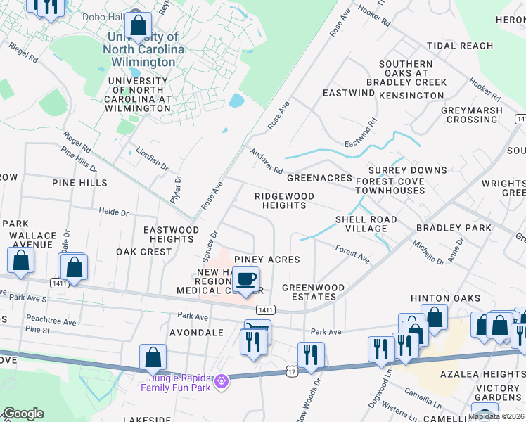 map of restaurants, bars, coffee shops, grocery stores, and more near 234 Huntington Road in Wilmington