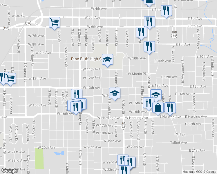 map of restaurants, bars, coffee shops, grocery stores, and more near 709 West 13th Avenue in Pine Bluff
