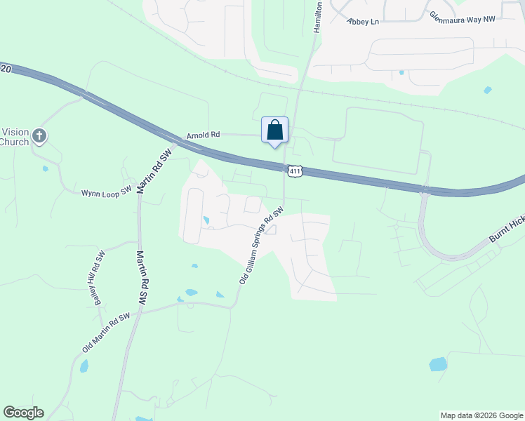 map of restaurants, bars, coffee shops, grocery stores, and more near 74 Gilliam Crossing in Cartersville