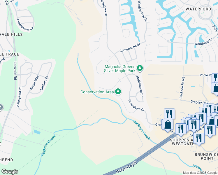 map of restaurants, bars, coffee shops, grocery stores, and more near 1114 Maplechase Drive in Leland