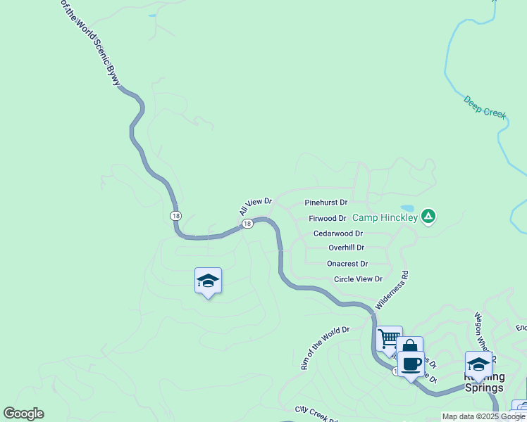 map of restaurants, bars, coffee shops, grocery stores, and more near 31194 Old Highway 18 North in Running Springs