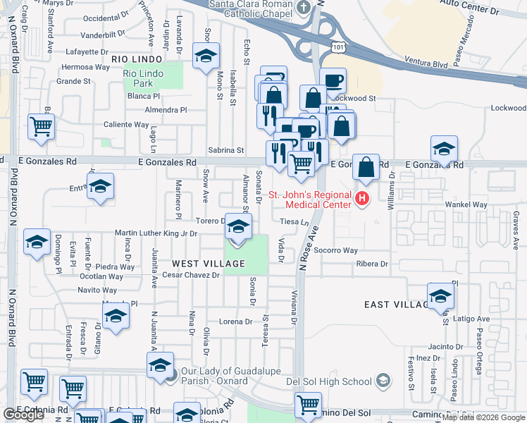 map of restaurants, bars, coffee shops, grocery stores, and more near 1532 Sonata Drive in Oxnard