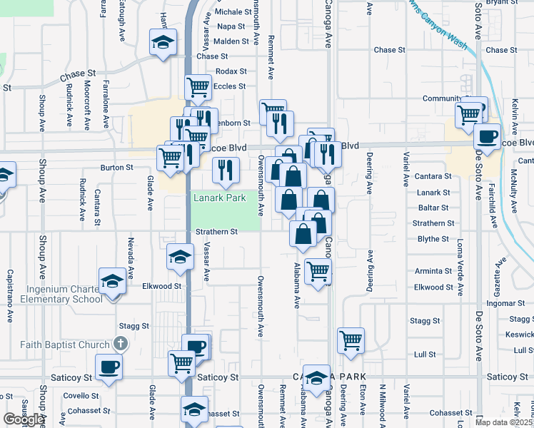 map of restaurants, bars, coffee shops, grocery stores, and more near 8030 Owensmouth Ave in Los Angeles