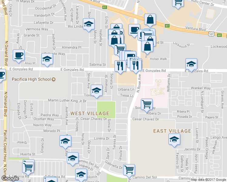 map of restaurants, bars, coffee shops, grocery stores, and more near 1532 Sonata Drive in Oxnard