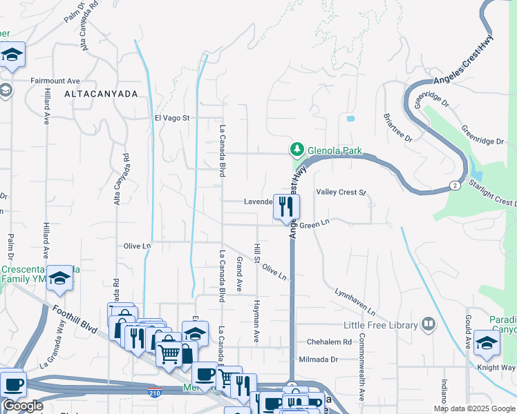 map of restaurants, bars, coffee shops, grocery stores, and more near 1046 Lavender Lane in La Cañada Flintridge