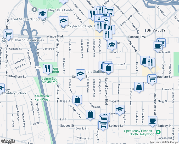 map of restaurants, bars, coffee shops, grocery stores, and more near 8018 Saint Clair Avenue in Los Angeles