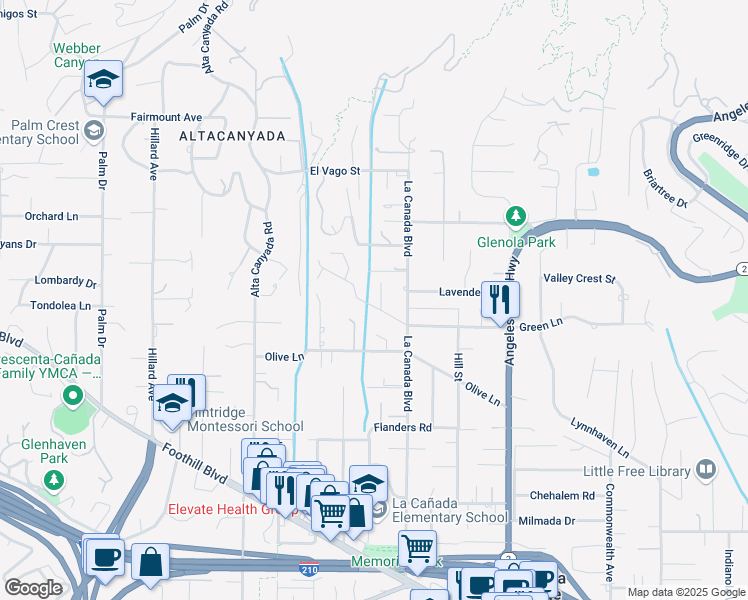 map of restaurants, bars, coffee shops, grocery stores, and more near 5111 Caroli Lane in La Cañada Flintridge