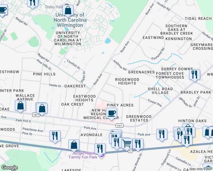 map of restaurants, bars, coffee shops, grocery stores, and more near 243 Huntington Road in Wilmington