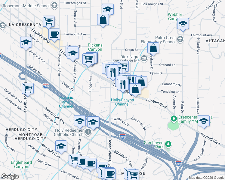 map of restaurants, bars, coffee shops, grocery stores, and more near 4442 Ocean View Boulevard in La Crescenta-Montrose