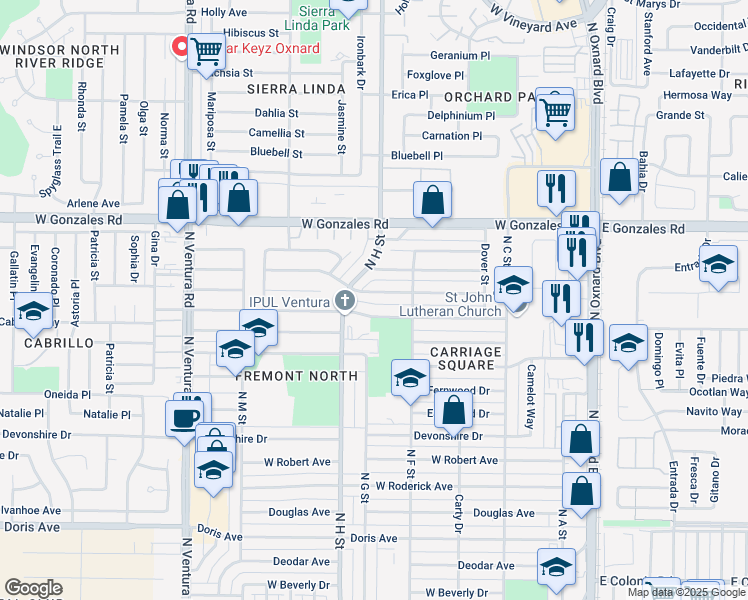 map of restaurants, bars, coffee shops, grocery stores, and more near 822 Janetwood Drive in Oxnard