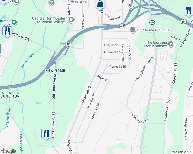 map of restaurants, bars, coffee shops, grocery stores, and more near 2601 Maple Road Southeast in Rome