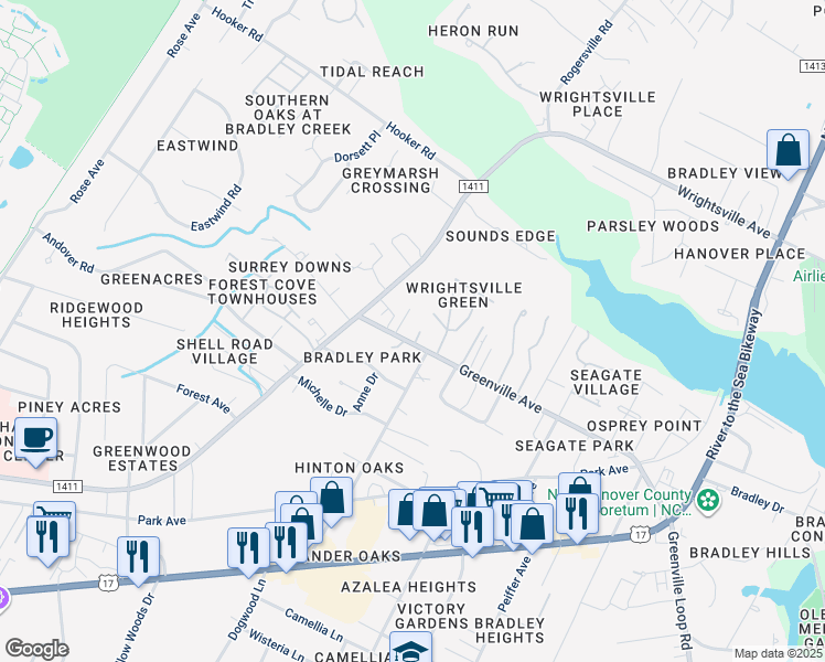 map of restaurants, bars, coffee shops, grocery stores, and more near 6013 Larson Place in Wilmington