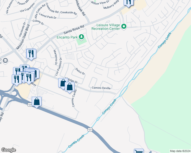 map of restaurants, bars, coffee shops, grocery stores, and more near 5419 Camino Compadre in Camarillo