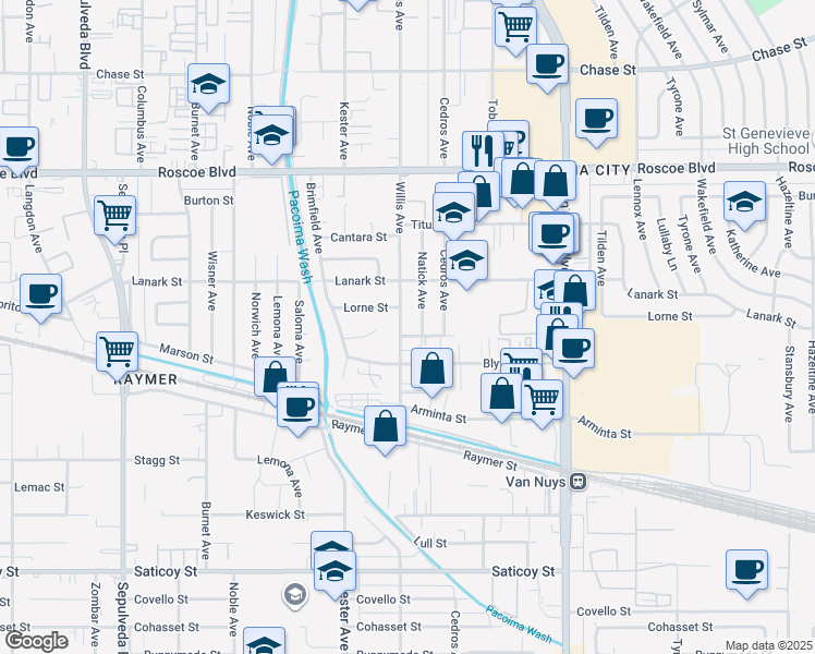 map of restaurants, bars, coffee shops, grocery stores, and more near 8010 Willis Avenue in Los Angeles