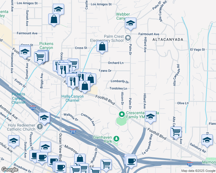map of restaurants, bars, coffee shops, grocery stores, and more near 2027 Tondolea Lane in La Cañada Flintridge