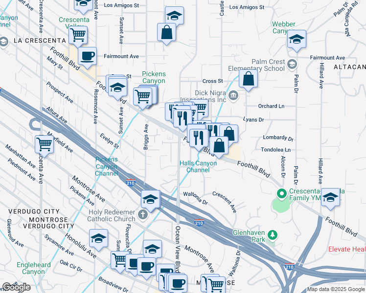 map of restaurants, bars, coffee shops, grocery stores, and more near 4442 Ocean View Boulevard in La Crescenta-Montrose