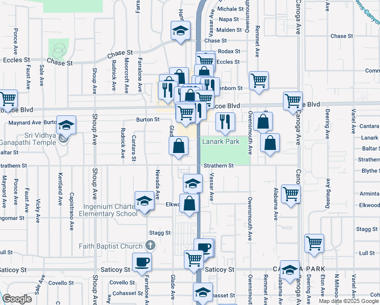 map of restaurants, bars, coffee shops, grocery stores, and more near 22010 Lanark Street in Los Angeles