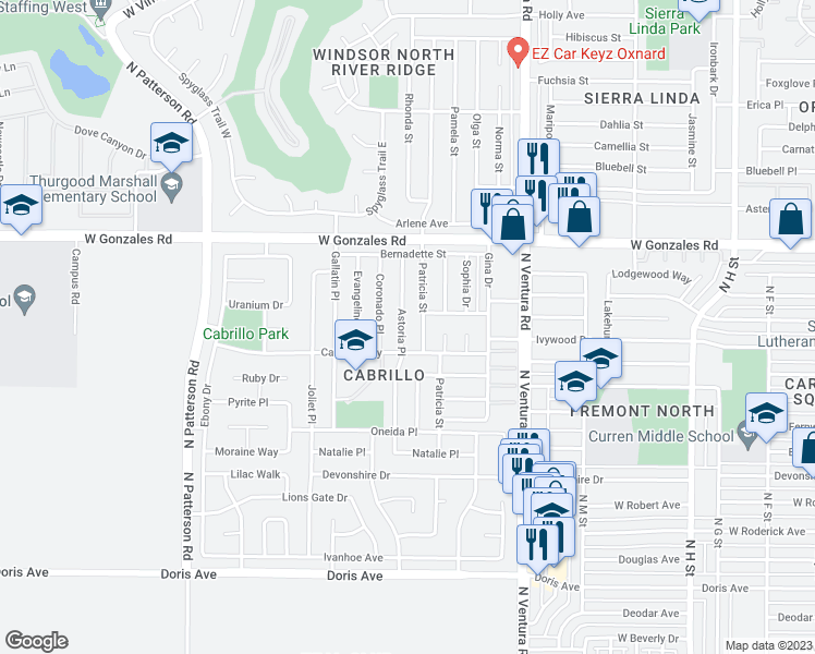 map of restaurants, bars, coffee shops, grocery stores, and more near 1540 Astoria Place in Oxnard