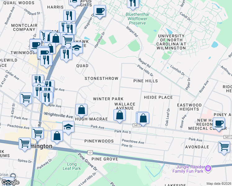map of restaurants, bars, coffee shops, grocery stores, and more near 241 North Wallace Avenue in Wilmington