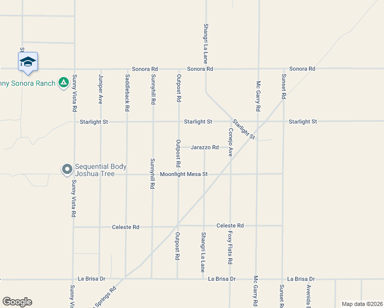 map of restaurants, bars, coffee shops, grocery stores, and more near 61355 Jarazzo Rd in Joshua Tree