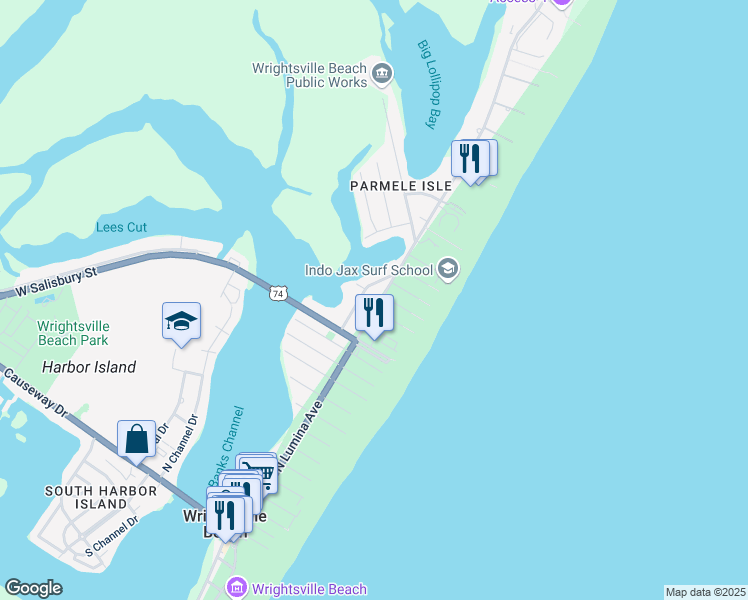 map of restaurants, bars, coffee shops, grocery stores, and more near 1303 North Lumina Avenue in Wrightsville Beach