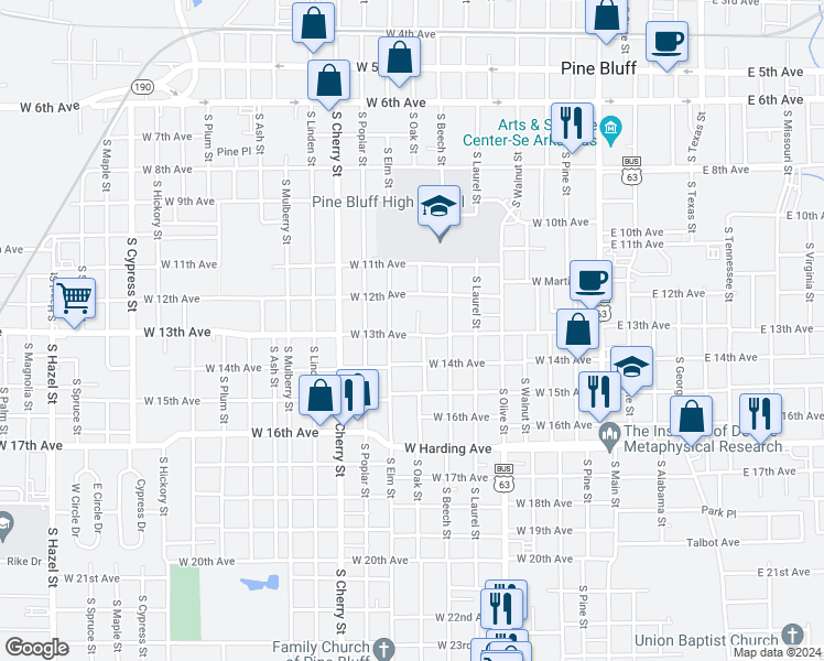 map of restaurants, bars, coffee shops, grocery stores, and more near 819 West 13th Avenue in Pine Bluff