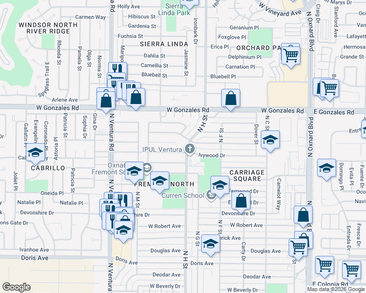 map of restaurants, bars, coffee shops, grocery stores, and more near 1521 North H Street in Oxnard
