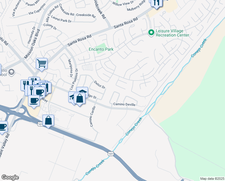 map of restaurants, bars, coffee shops, grocery stores, and more near 5419 Camino Compadre in Camarillo