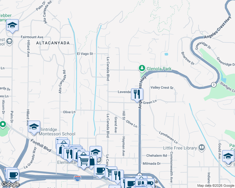 map of restaurants, bars, coffee shops, grocery stores, and more near 1116 Lavender Lane in La Cañada Flintridge
