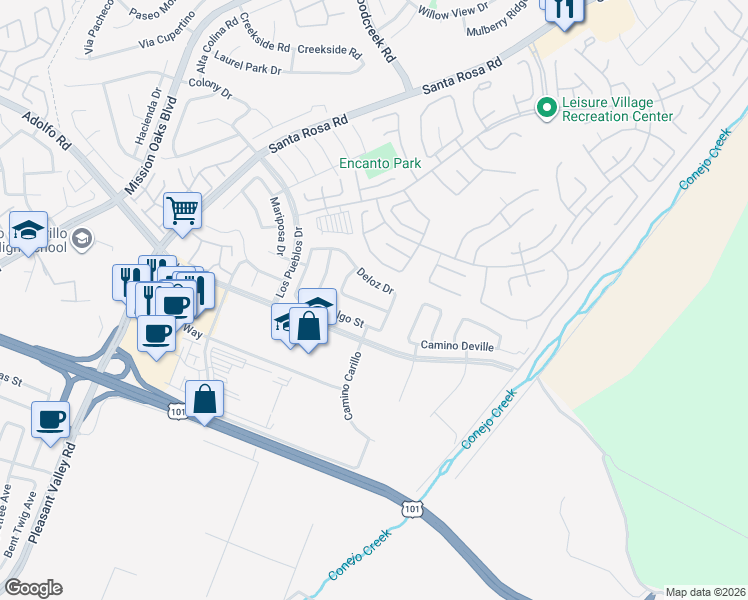 map of restaurants, bars, coffee shops, grocery stores, and more near 5363 Heather Street in Camarillo