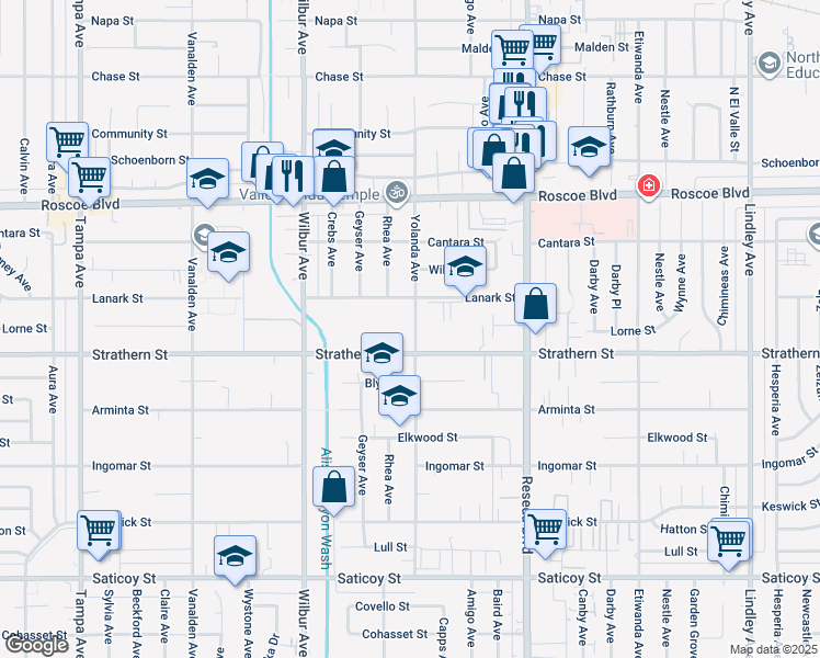 map of restaurants, bars, coffee shops, grocery stores, and more near 8025 Yolanda Avenue in Los Angeles