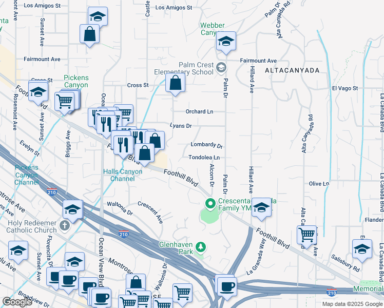 map of restaurants, bars, coffee shops, grocery stores, and more near 2027 Tondolea Lane in La Cañada Flintridge