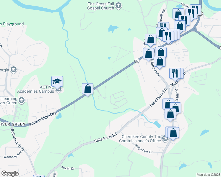 map of restaurants, bars, coffee shops, grocery stores, and more near 9212 Knox Bridge Highway in Canton