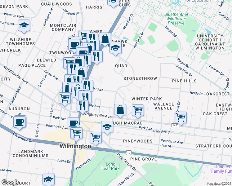 map of restaurants, bars, coffee shops, grocery stores, and more near 401 North Macmillan Avenue in Wilmington