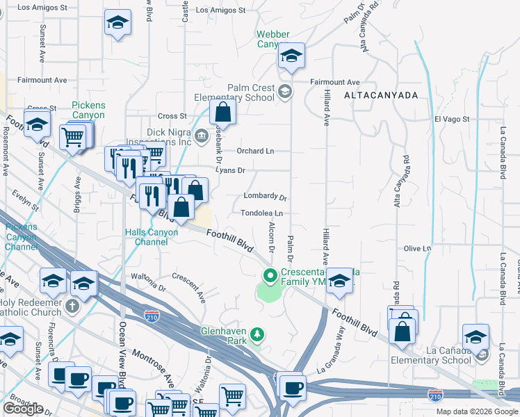 map of restaurants, bars, coffee shops, grocery stores, and more near 1943 Tondolea Lane in La Cañada Flintridge