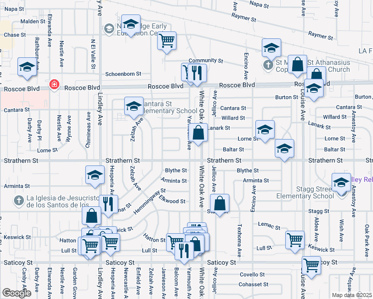 map of restaurants, bars, coffee shops, grocery stores, and more near 8025 Yarmouth Avenue in Los Angeles