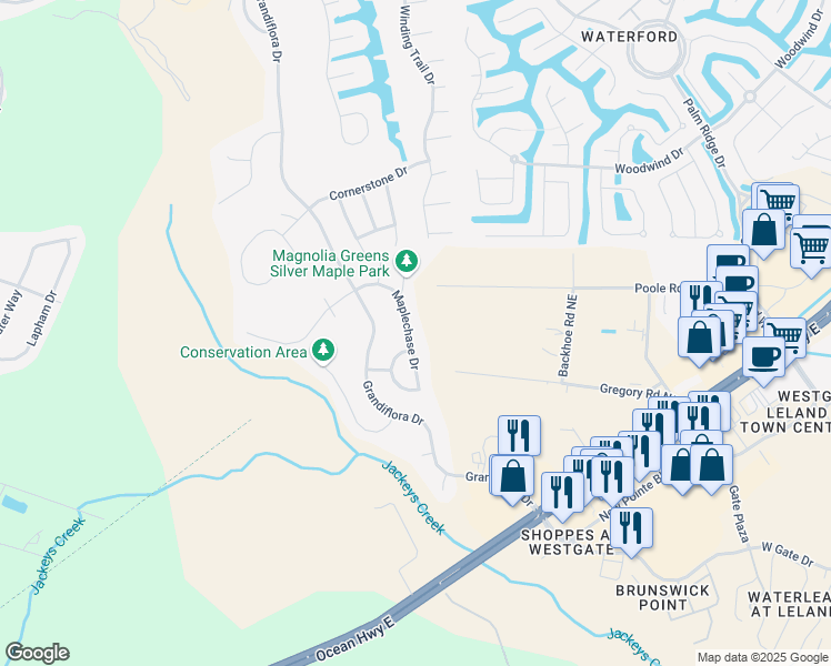 map of restaurants, bars, coffee shops, grocery stores, and more near 1024 Maplechase Drive in Leland