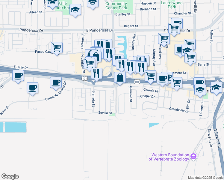 map of restaurants, bars, coffee shops, grocery stores, and more near 1150 Ventura Boulevard in Camarillo