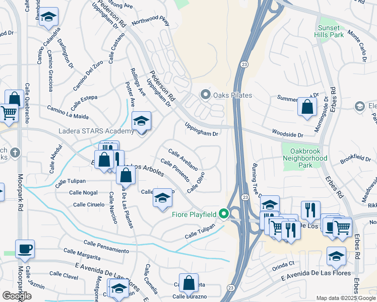 map of restaurants, bars, coffee shops, grocery stores, and more near 2709 Calle Olivo in Thousand Oaks