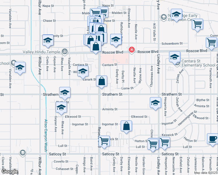 map of restaurants, bars, coffee shops, grocery stores, and more near 8055 Canby Avenue in Los Angeles