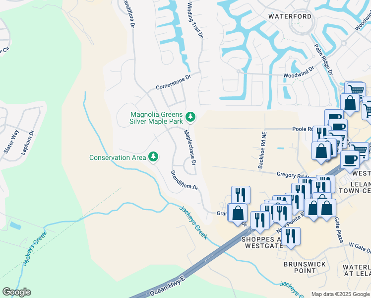 map of restaurants, bars, coffee shops, grocery stores, and more near 1023 Maplechase Drive in Leland