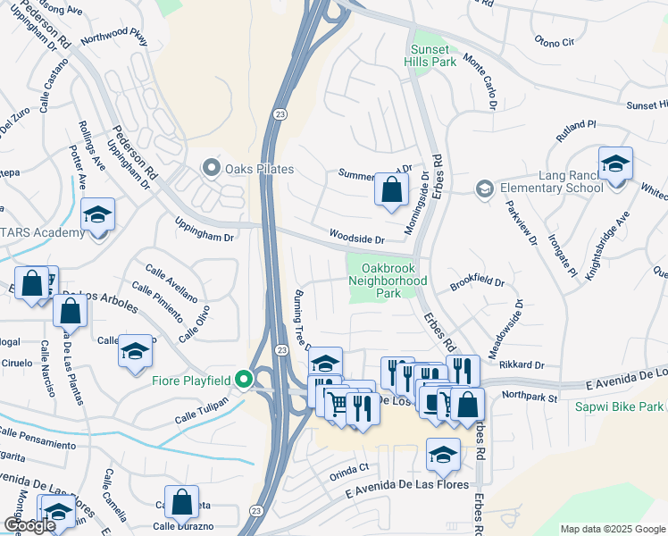 map of restaurants, bars, coffee shops, grocery stores, and more near 2808 Cedarwood Place in Thousand Oaks