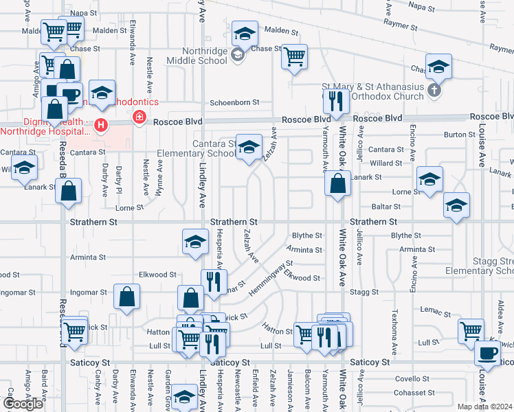 map of restaurants, bars, coffee shops, grocery stores, and more near 8025 McDermott Avenue in Los Angeles
