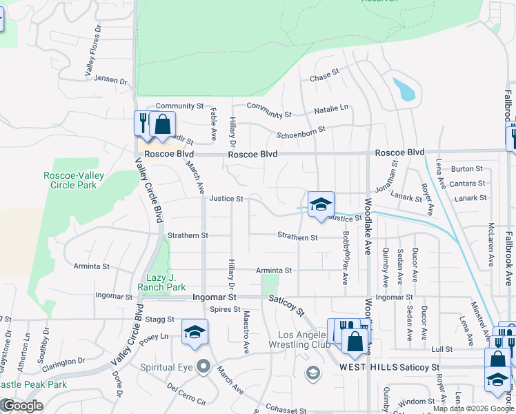 map of restaurants, bars, coffee shops, grocery stores, and more near 23510 Justice Street in Los Angeles