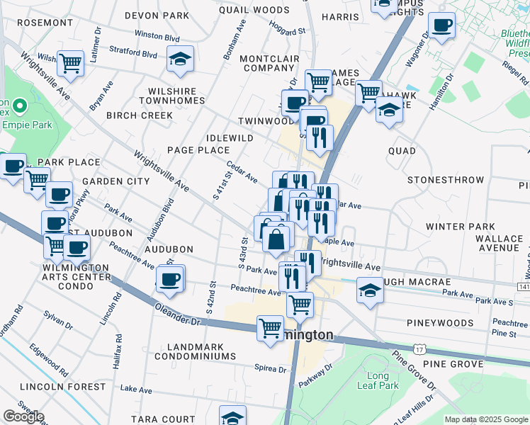 map of restaurants, bars, coffee shops, grocery stores, and more near 1021 South 43rd Street in Wilmington