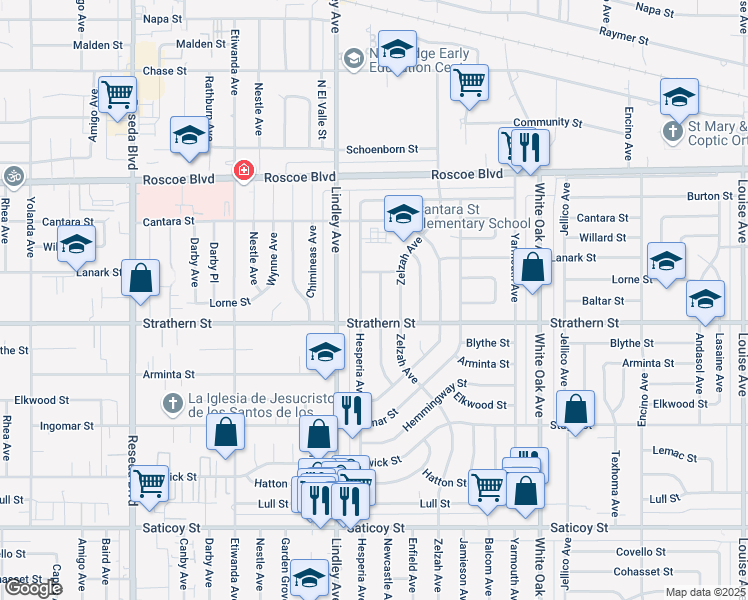 map of restaurants, bars, coffee shops, grocery stores, and more near 8025 Newcastle Avenue in Los Angeles